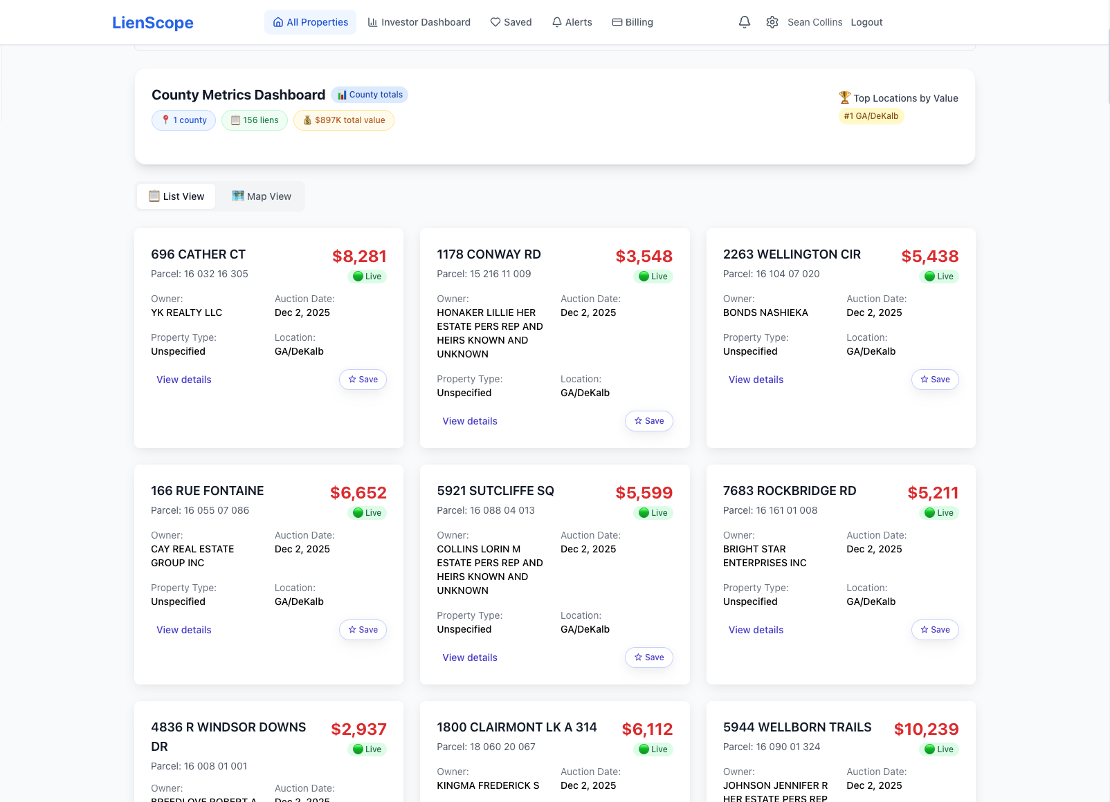 LienScope Dashboard - Tax lien data search and filtering interface